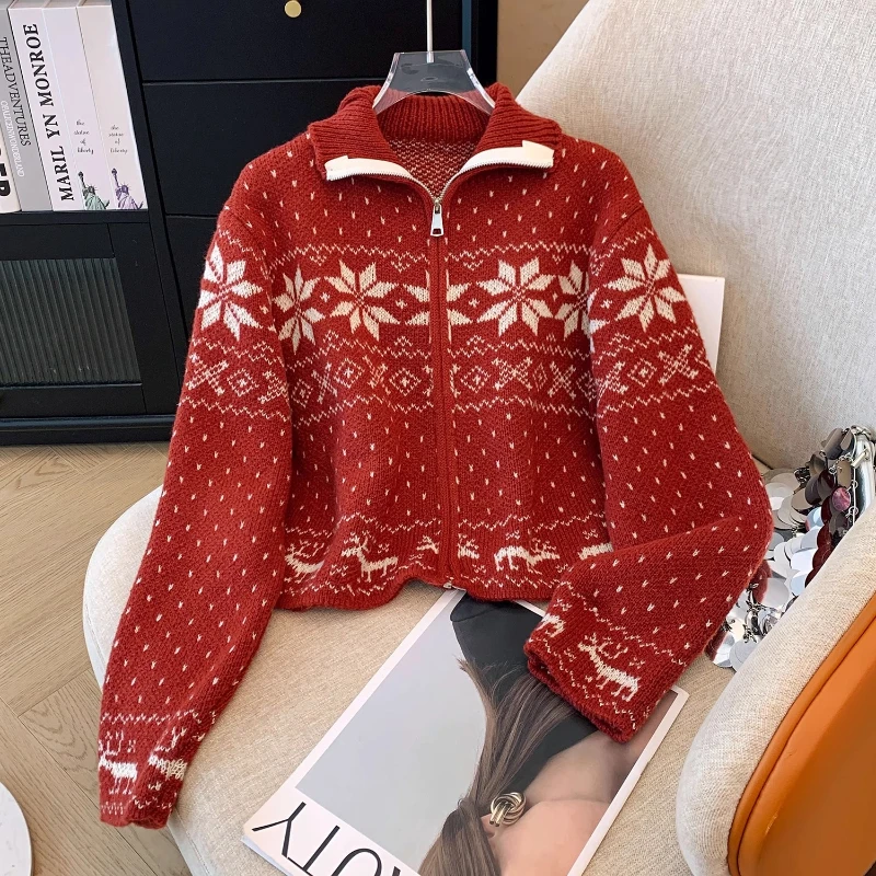 Autumn Winter New Japanese Fel Island Jacquard Sweater Soft Sticky Zipper Cardigan Elegant High Grade Knitted Sweater Women