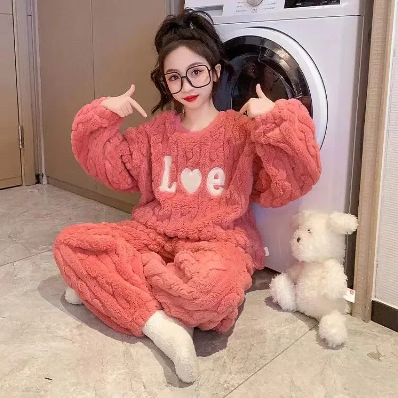 Kids Coral Fleece Pajamas Set for Girls Thermal Insulated Winter Warmth Home Wear Outwear Plus Size 120-140cm