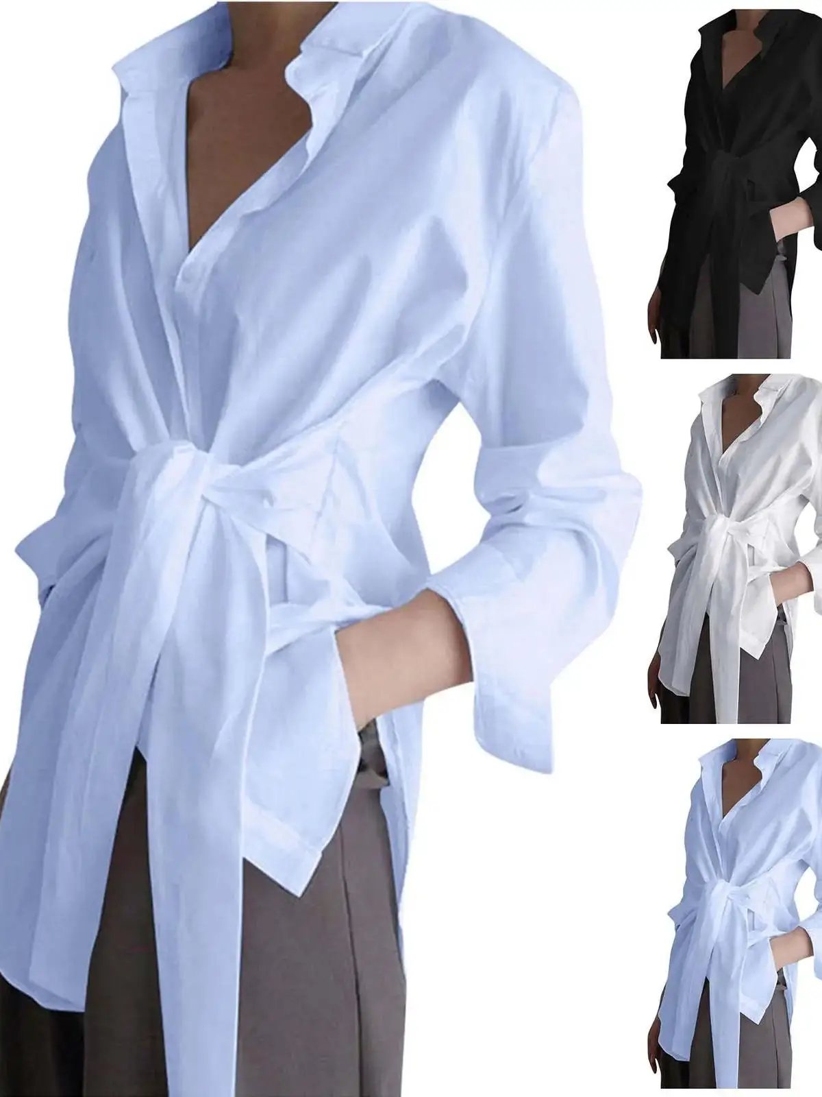 Loose Women's Long Sve irt Street Sle Polyester Material Regular Sve Flip Collar Pure Color Chinese Production