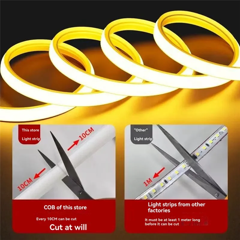 ABUH-Superheller 220 V COB flexibler LED-Lichtstreifen, 5 m, selbstklebend, 240 Lichter pro Meter, EU-Stecker, lineares Licht