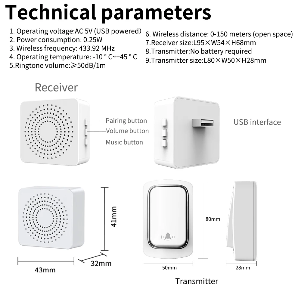 WenHIOT-Ensemble de sonnette sans fil pour maison intelligente, sans batterie, prise USB, étanche, longue distance de 150m