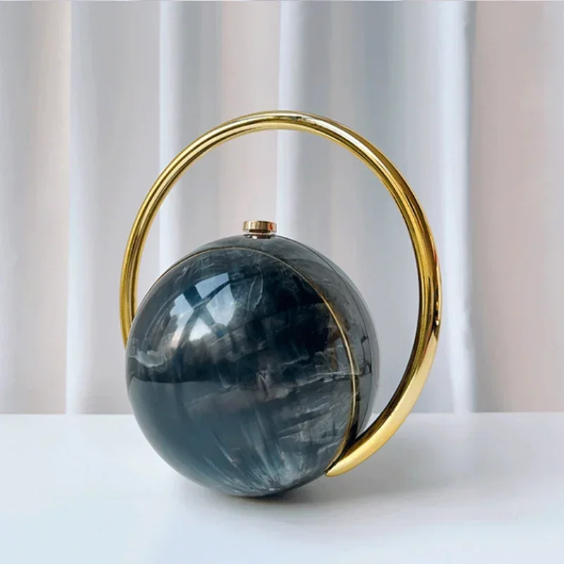 Spherical Evening Elegant Clutch Purse,Designer Electroplating Handle High-End Handbag with Marble Pattern,Women Sphere Tote Bag