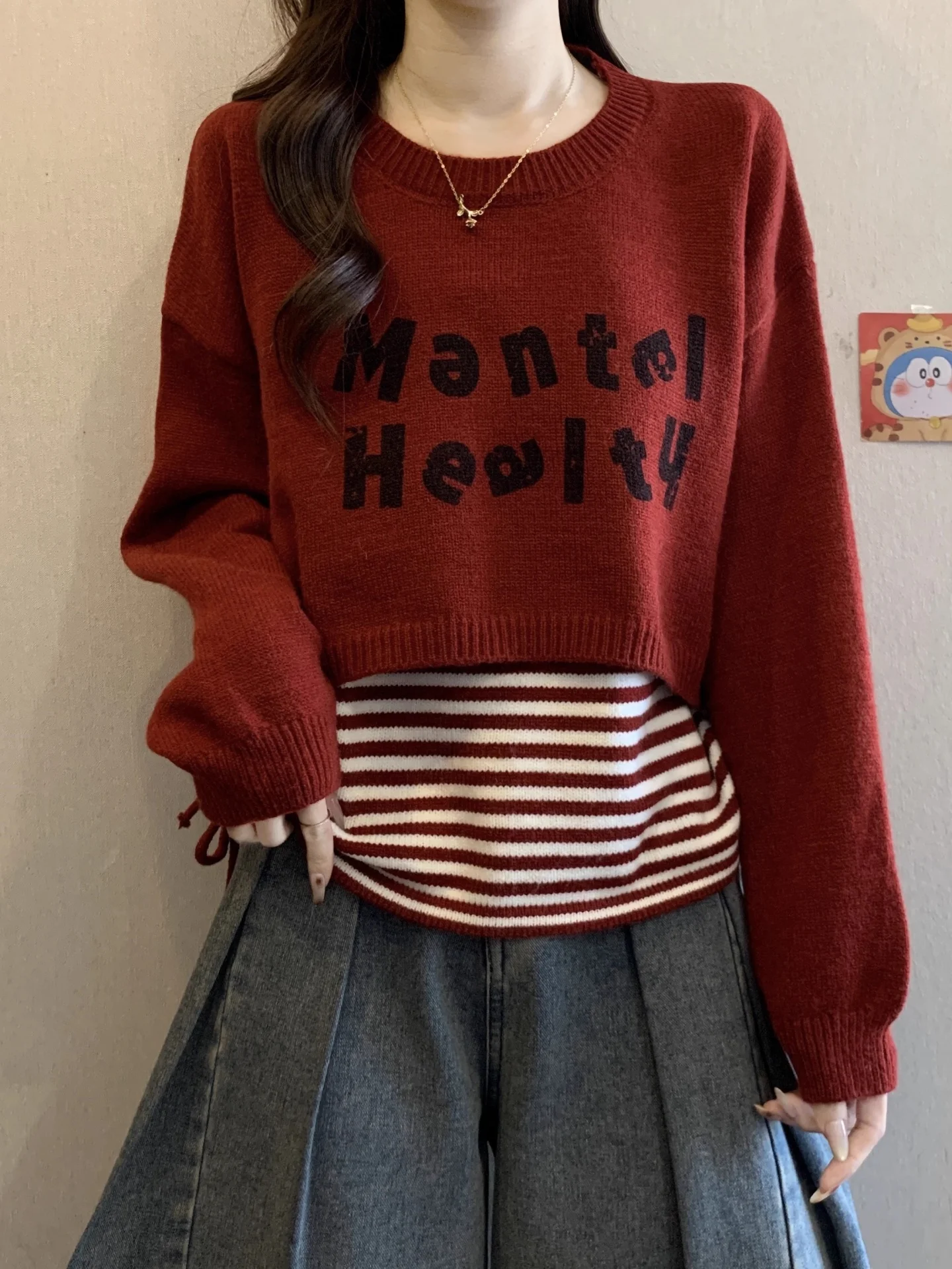 

plus Size Summer Autumn Striped Crop Top And High Waist Pants Two Piece Set for Plump Women Casual Comfortable Knitted Wear