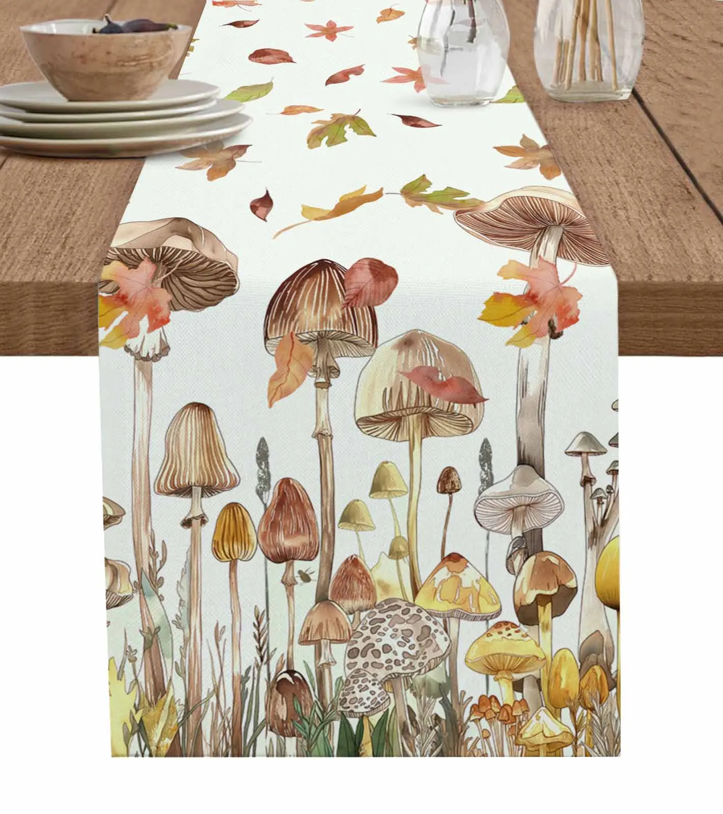 

Autumn Watercolor Mushroom Leaves Table Runners for Dining Room Coffee Home Decoration Tablecloth 4/6 Pcs Placemats Table Cover