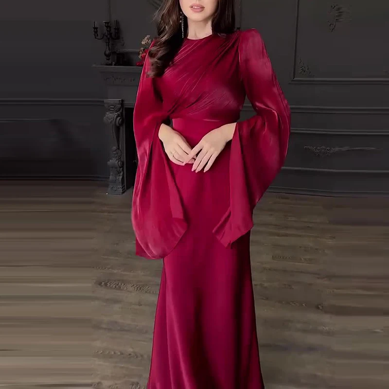 Women\'s Patchwork High Waist Evening Dress Elegant Solid Color Party Long Dresses Fall Fashion O-Neck Slim Satin Dress New 2024