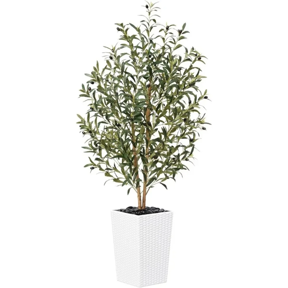 

Artificial Olive Tree - Tall Faux Olive Trees with Natural Wood Trunk, Silk Leaves, White Taper Planter & Pebbles, UV Resistant