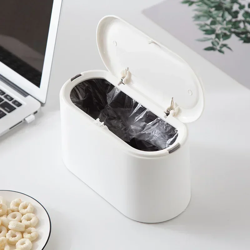 Simple Desktop Trash Bin Mini Durable Storage Bucket Can Automatic Pop-up Lid For Dressing Tables Home Office Garbage Bucket