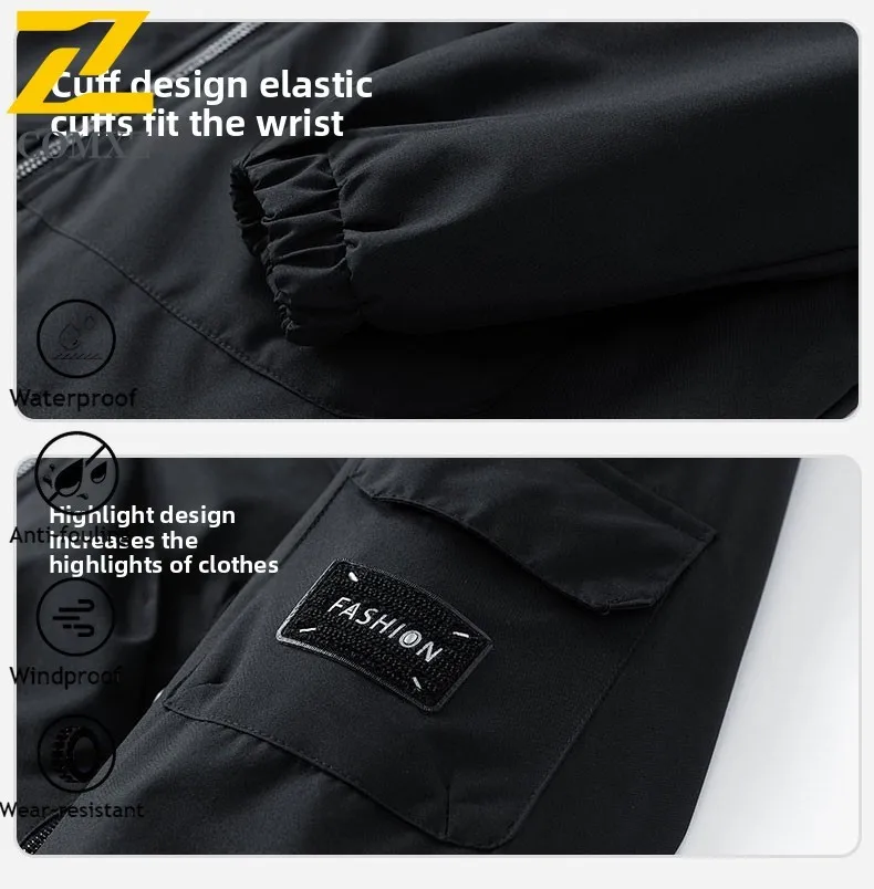 COMXZ Men Outdoor Hooded Hiking Windbreaker Spring Autumn Windproof Waterproof Coat Loose Fit Multi-Pocket Zipper Utility Jacket