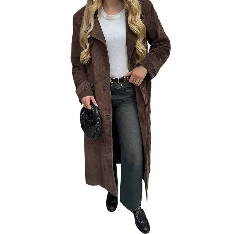 

AUAU-Womens Faux Suede Long Trench Coat Notched Lapel Double Breasted Pea Coat Overcoat With Belt