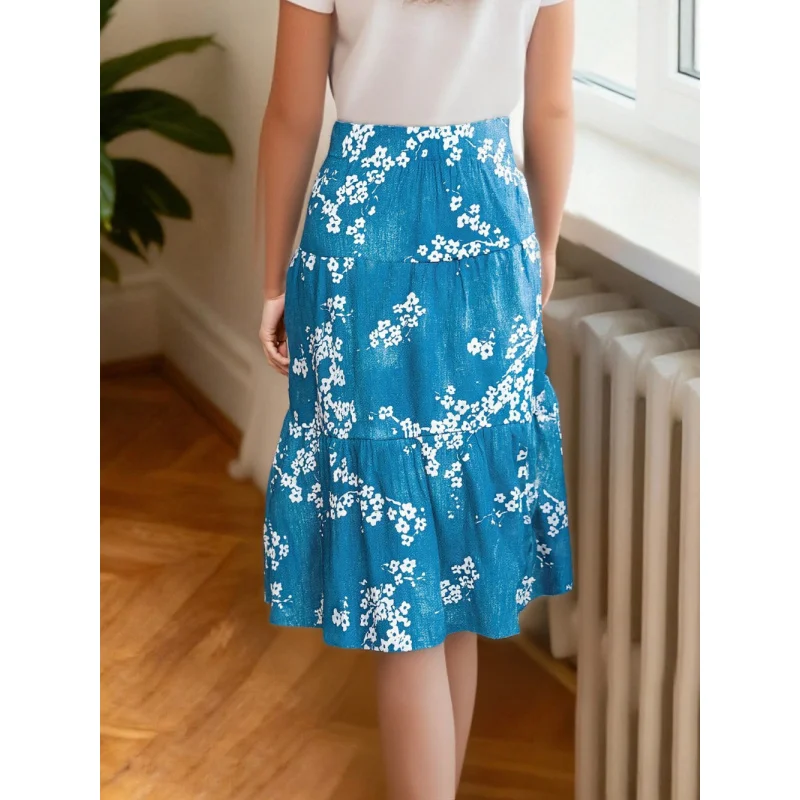 Fashionable Blue and White Floral Mid-Length Skirt Faux Denim Fabric Layered Ruffle