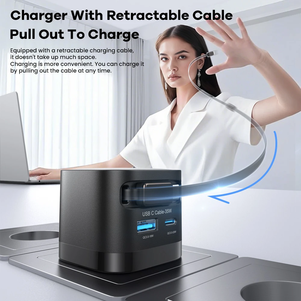 Chargeur USB C GaN ASOMETECH 35W avec câble rétractable de Type C 3 USB PD3.0 QC3.0 PPS chargeur USB rapide pour iPhone 17 iPad Samsung