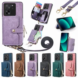 Crossbody Zipper Cards Bag Leather Wallet Case For Xiaomi Redmi Note 13 12 Pro 11 lite POCO X6 X5 X4 13T Long Lanyard Rope Cover