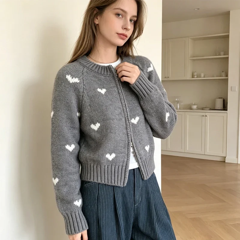 Korean Style Sweet Heart Jacquard Double Zipper Cardigan Casual O Neck Sweater Autumn Winter Classic Simple Sweater Jacket