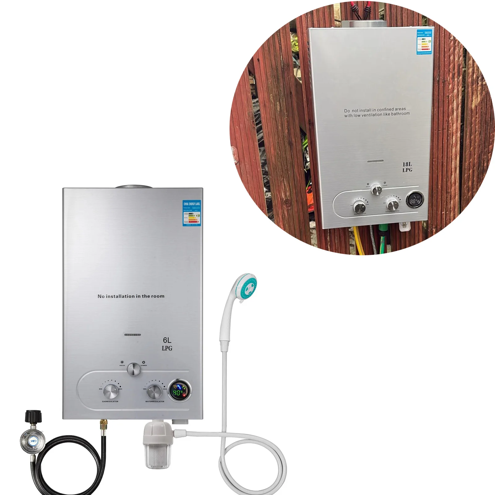 SIHAO 6L–18L  Stainless Steel Instant-Heat  Fast Heating Boiler Shower for Home Outdoors RV Camping Use Portable LPG Water Heater with Digital Display
