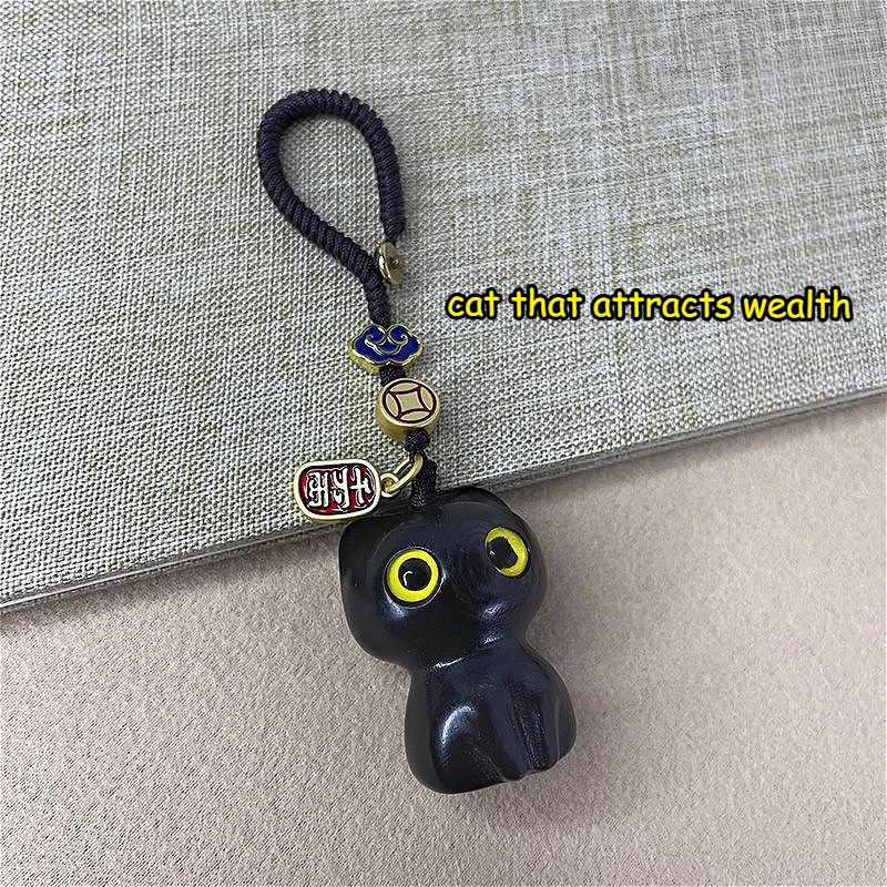 Sandalwood Wooden Cat Keychain Anime Cute Mobile Phone Chain Pendant Personality Creative Hand-knitted DIY Jewelry Charm Keyring