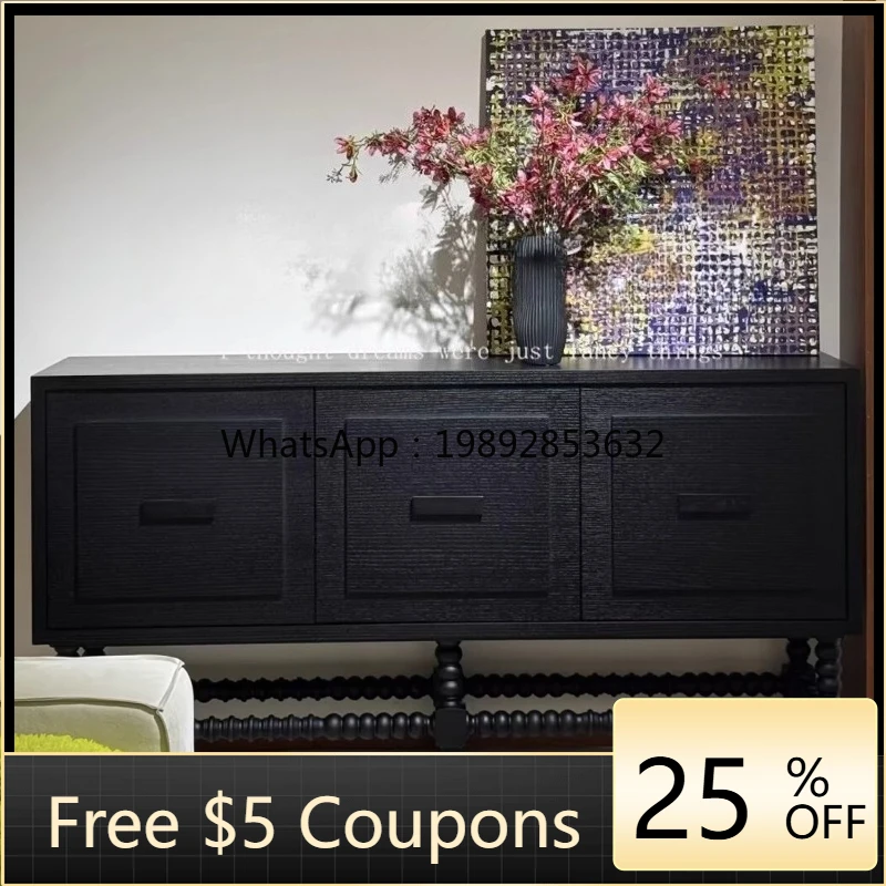 

W2 French solid wood black dining side cabinet, silent wind retro engraved 3-door locker for home use