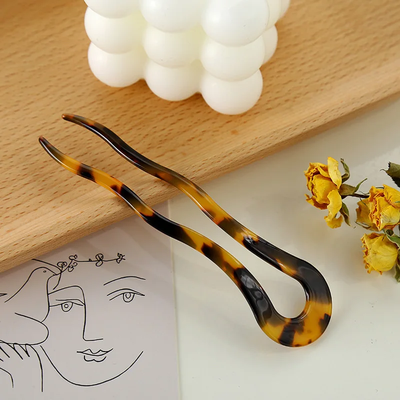 French Twist U Shape Hair Stick Hair Clip Acetate Wavy Hairpin Vintage Tortoise Shell Women Hair Bun Pin Nakrycia głowy Akcesoria