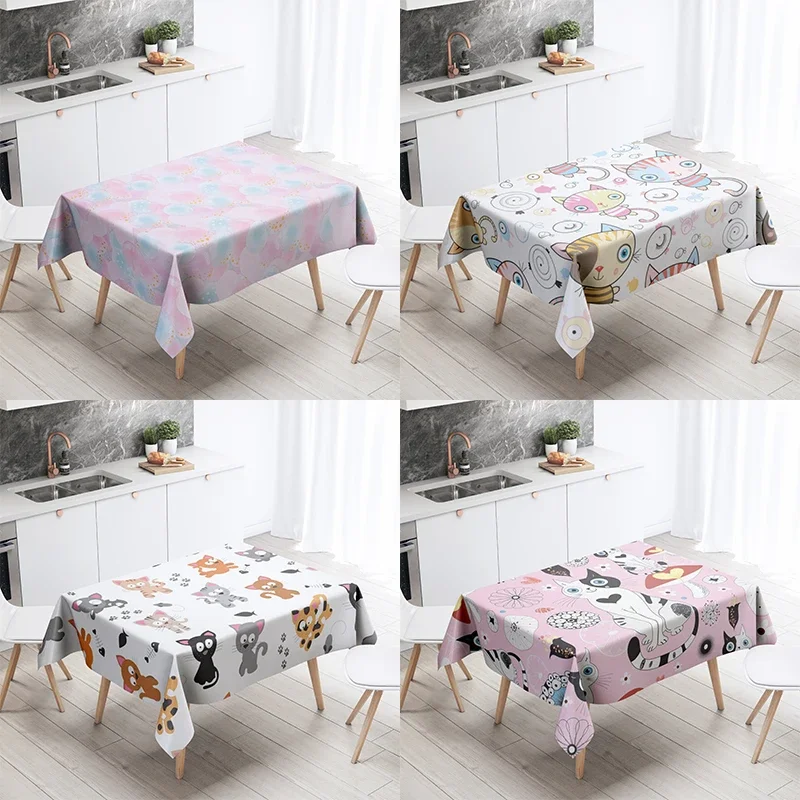 

Cartoon Cat Tablecloth Home Decor Stain Resistant Waterproof Table Decoration Rectangular Kitchen Fireplace Countertop