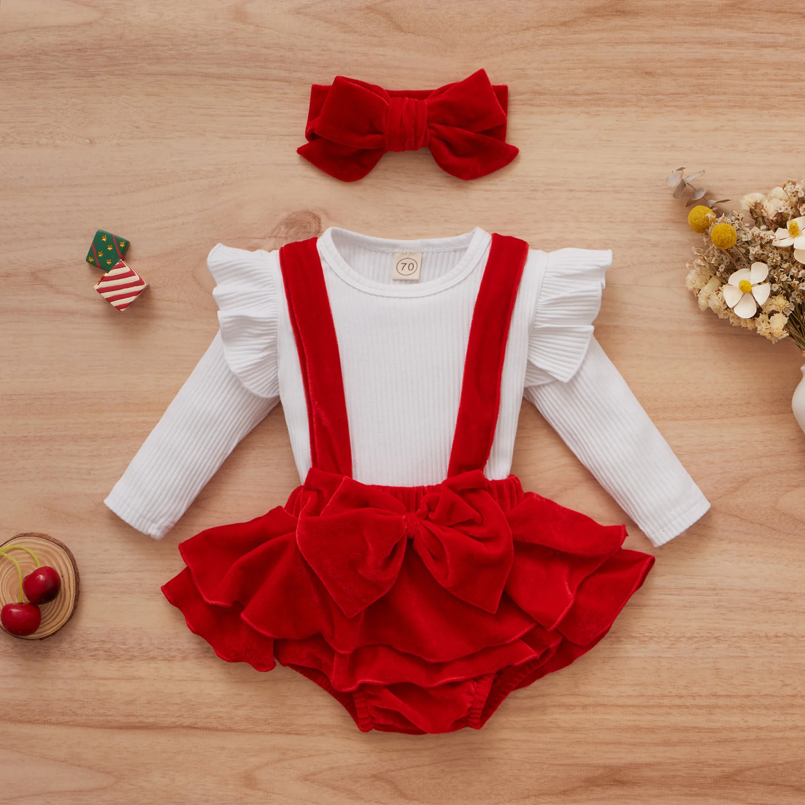 

Christmas Toddler Baby Girl Skirt Sets Ruffled Sleeve T-Shirt + Suspender Skirt +Bowknot Overall Dresses
