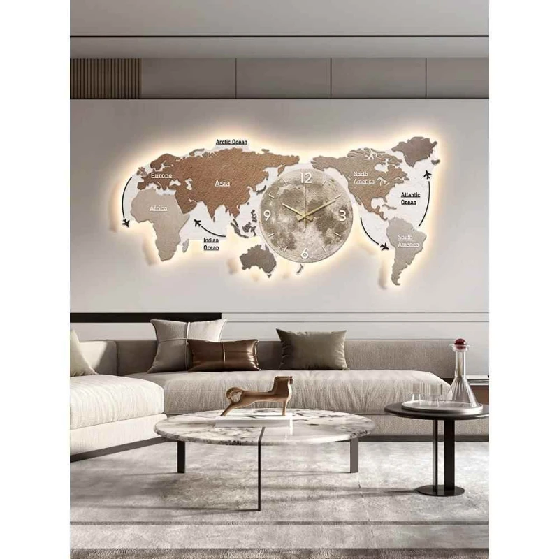 

Map simple living room decorative painting wall lamp modern light luxury atmosphere sofa background hanging with clock