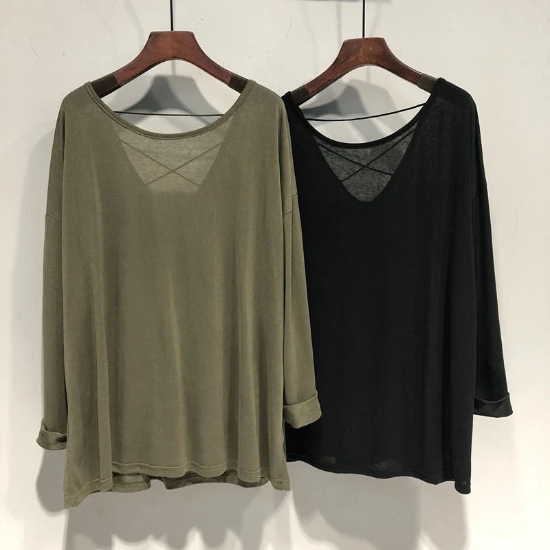 plus Size Women's T-Shirt Ultra-Large 2300 Pounds Pure Color Loose Back Cross Strap Beautiful Back Long Sleeve Belly Covering...