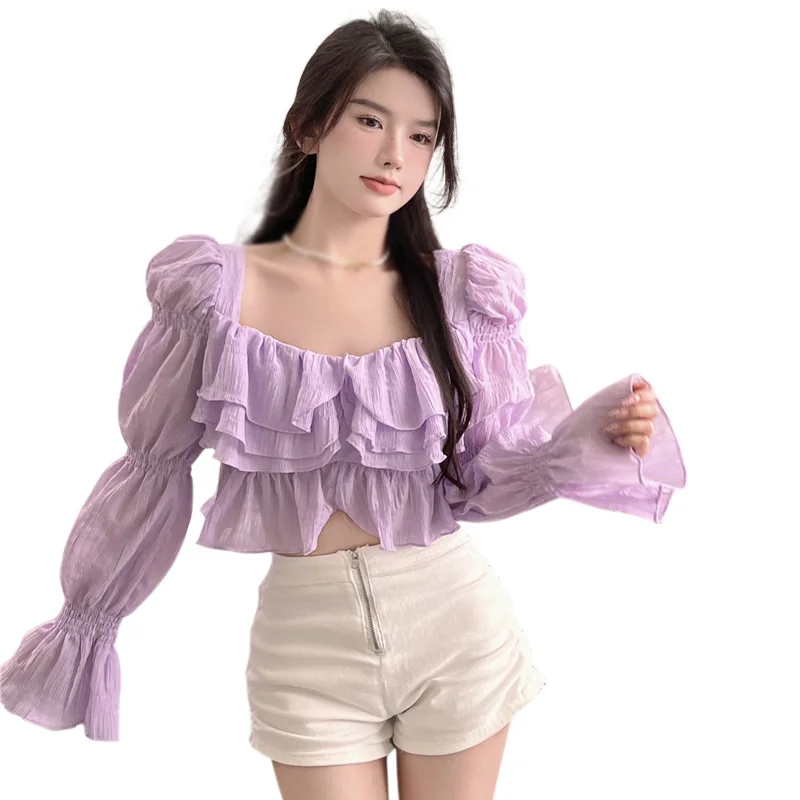 Women Square Collar Ruffle Crop Top Long Sleeve Sexy Casual Chiffon Blouse Fashion Summer All-Matching Tops