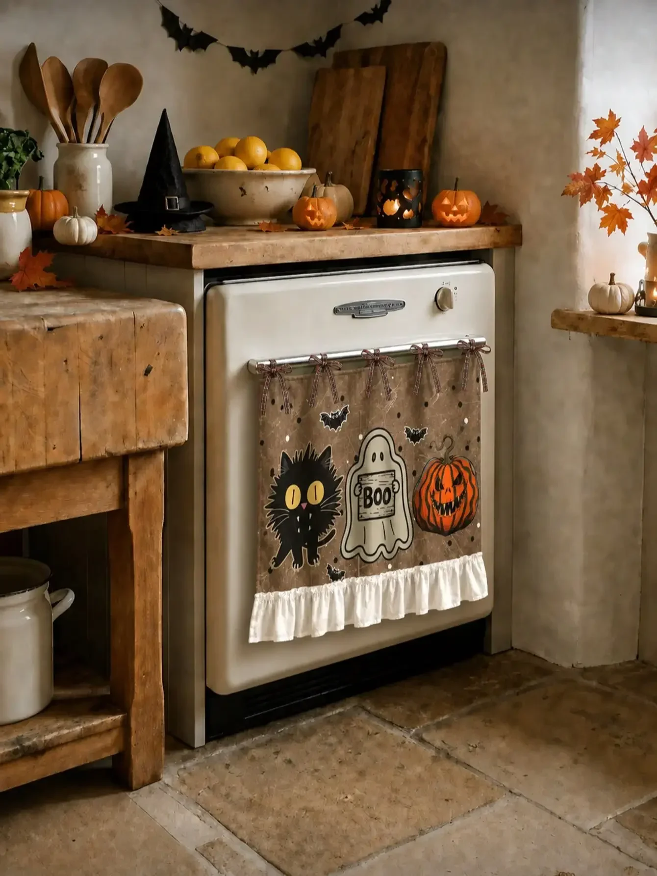 Fall Oven Skirt, Farmhouse Kitchen Decor Curtain Polyester Fabric, Pumpkin Bat Star Print, Plaid Bow Top with White Ruffle Hem