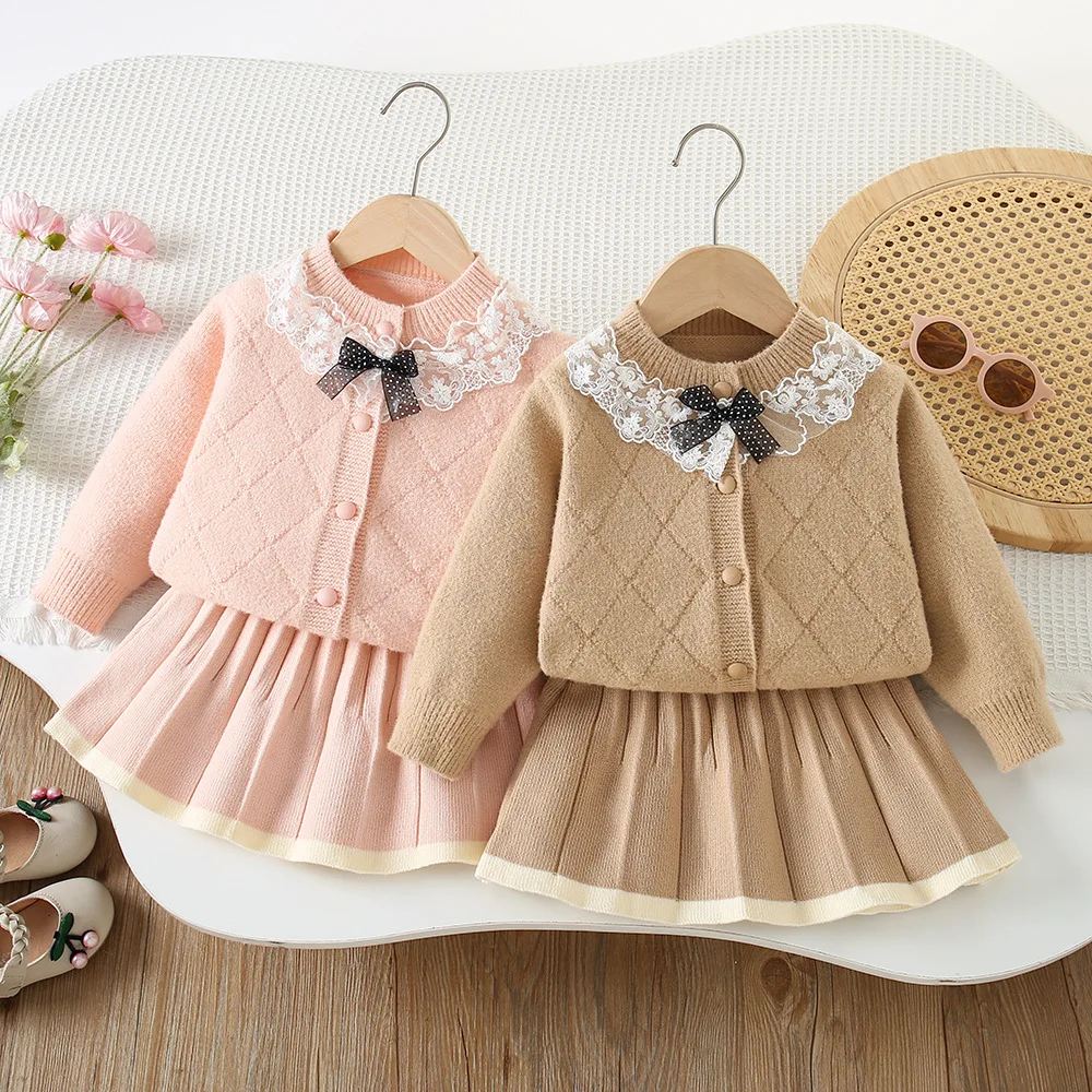 Girls dresses clothes sets spring autumn Children Woolen Jersey Sweaters Coats Skirts Princess Suit For Baby Knitted Outfits Kid