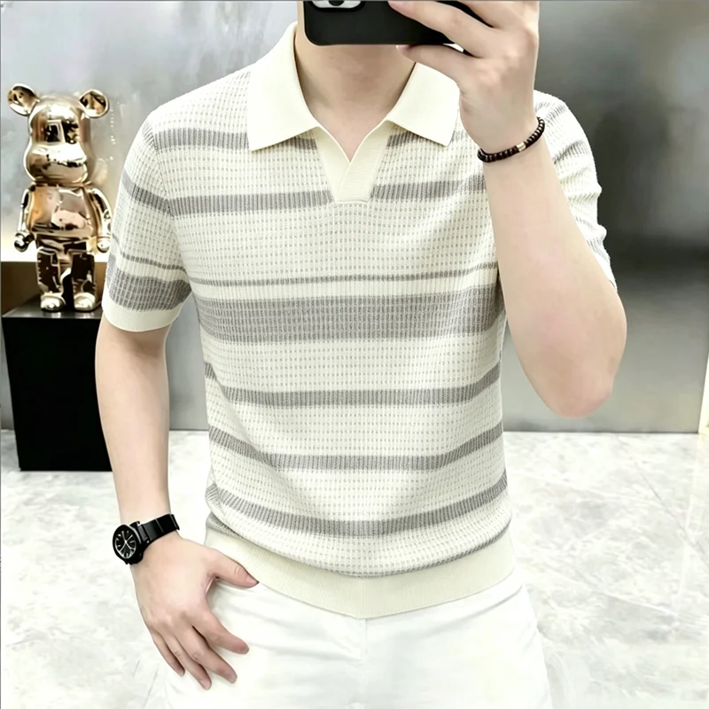 2026 Summer New Style Men's Ice Silk Striped Knitted T-Shirt Polo Shirt V-Neck Collar Long Sleeve Lightweight Breathable Slim Fi