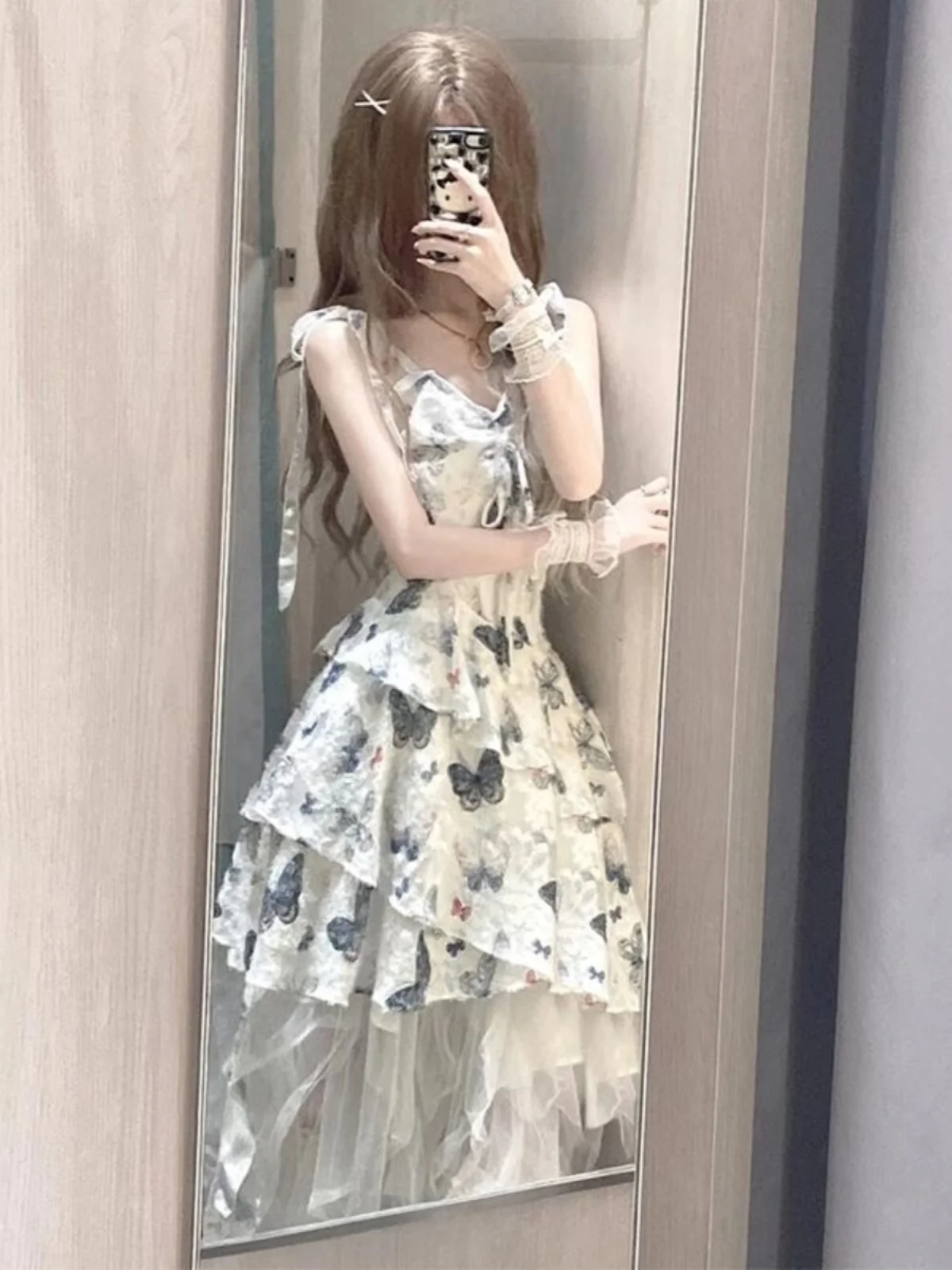 

Printed Lace Trim Halter Dress Spring Summer Small Design Sense Asymmetrical Skirt Puffy Sleeve Women's Fashion Set Single Piece