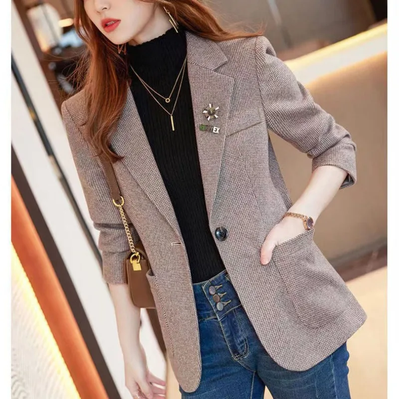Plaid Blazer Korean Style Retro Casual Women's Clothing Long-sleeved Versatile Top