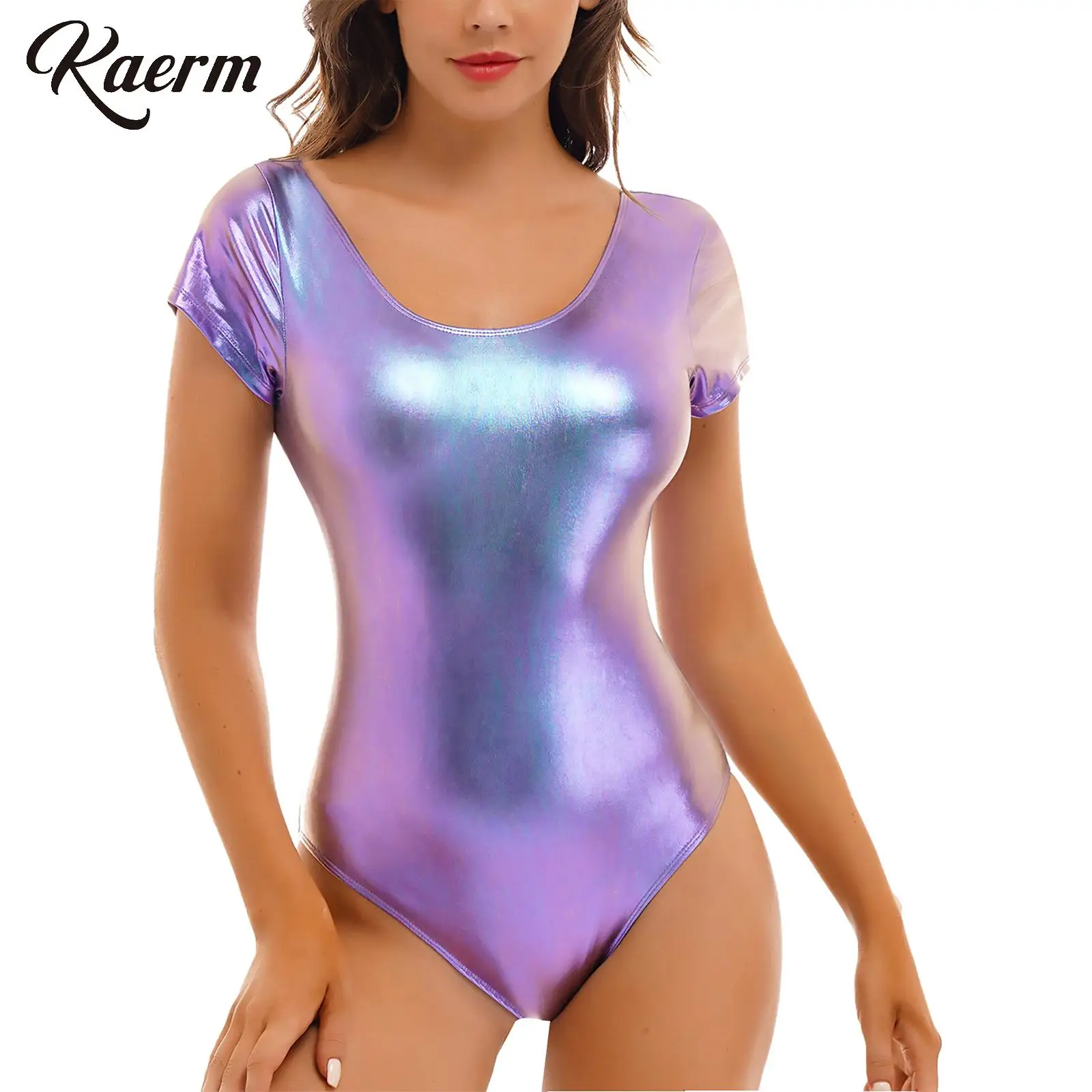 Women's Metallic Ballet Leotard Gymnastics Dance Tumbling Unitard Bodysuits Long Sleeve U Neck Athletic Bodysuit Jumpsuits