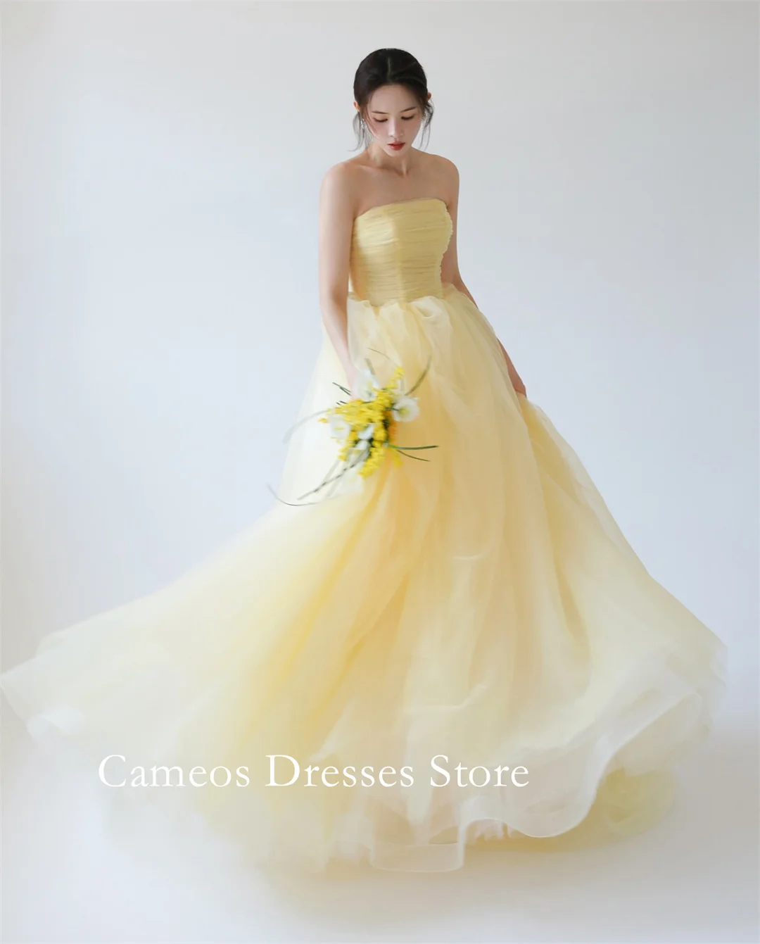 

SONDR Korea Strapless Tulle Yellow Evening Dress Customized Formal Prom Dress Corset Simple 웨딩드레스 Occasion Party Evening