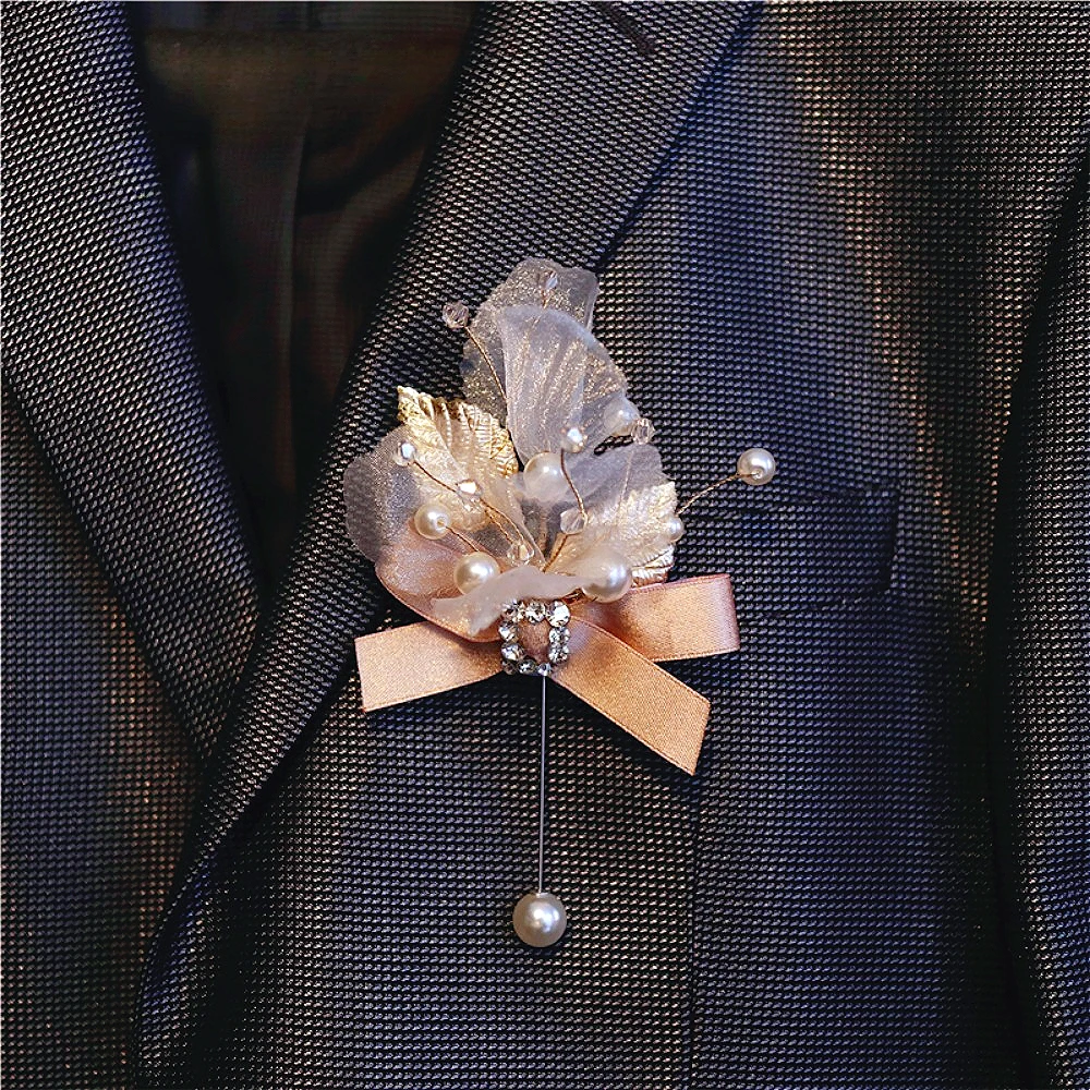 우아한 신부 손목 코사지 신랑용 부토니에 웨딩 커플 웨딩 액세서리 진주 장식 튤 꽃 결혼식 파티