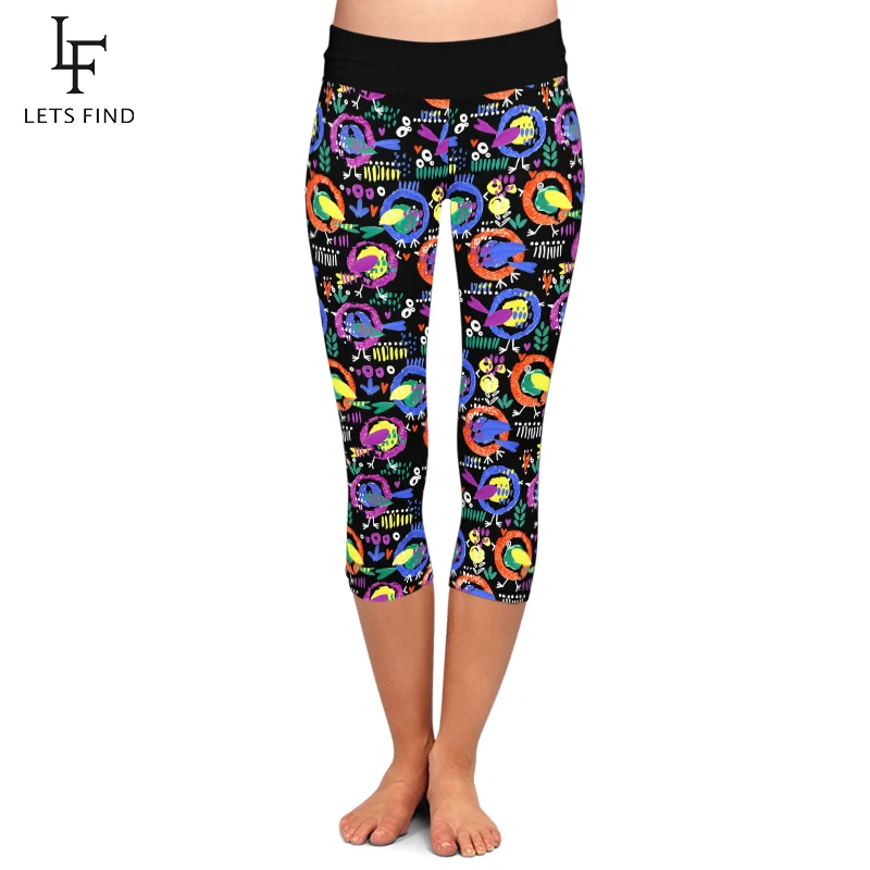 

LETSFIND Leggings Women Hand-painted Cartoon Bird Print Capri Leggins New High Waist Sexy Stretch Mid-Calf 3/4 Pants