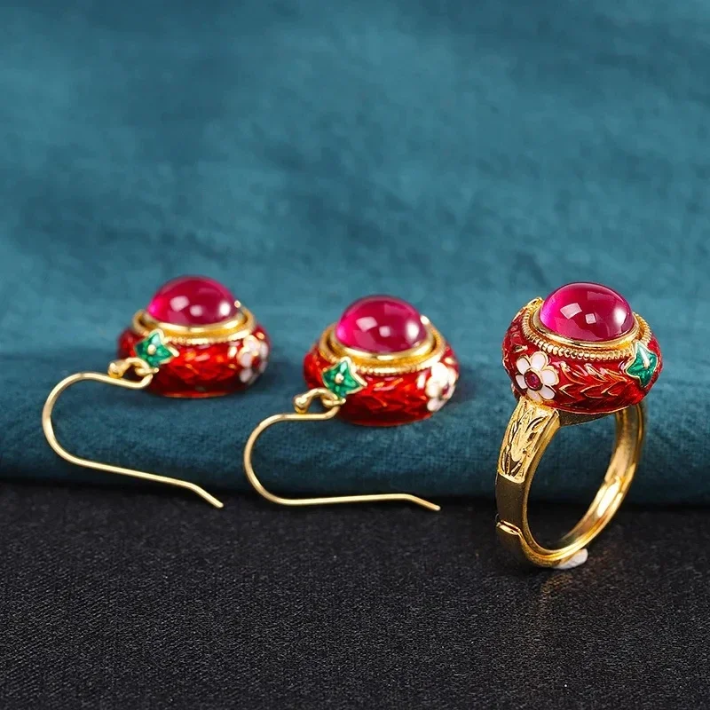 

Enamel Colored Floral Flower Natural Carnelian Jewelry Sets Palace Style Ring Vintage Ancient Gold Crafts Earrings for Women