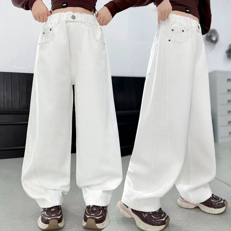 

New Fashion Children y2k Gothic Hip-Hop White Jeans for Girl High Street Trendy American Baggy Wide-Leg Denim Pants Kids Trouser