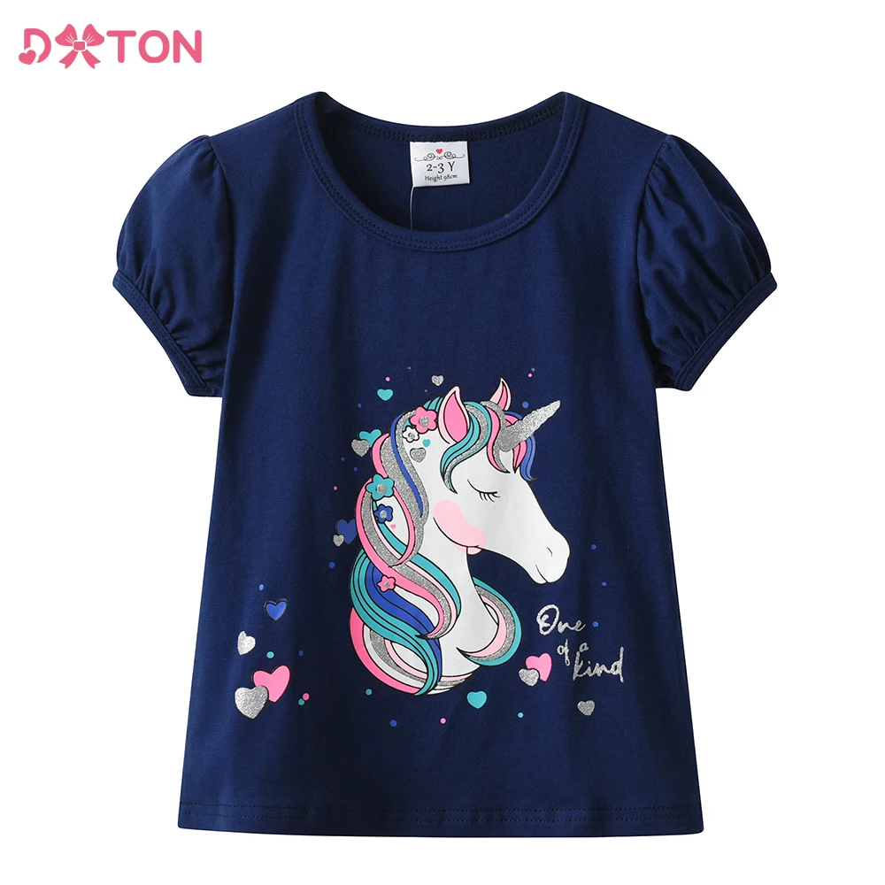 DXTON Kids Unicorn Cartoon Print T Shirt Girls Short Sleeve Summer Cotton Casual Tops and Tees Girls Licorne Daily Tees Costumes