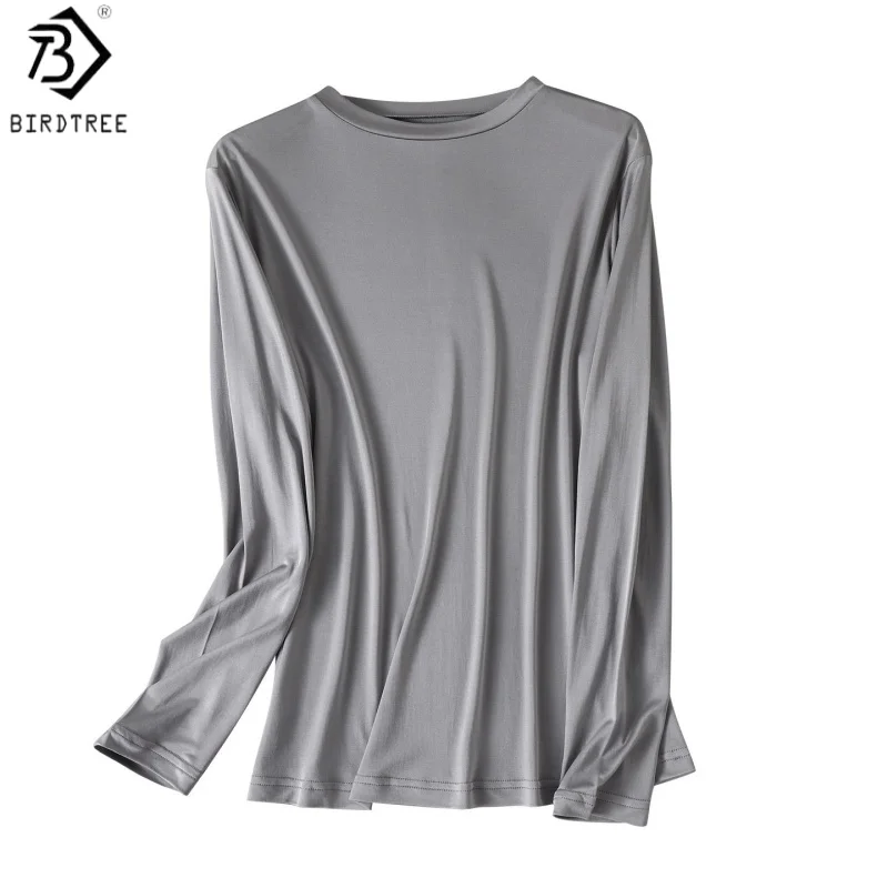 Birdtree, 100% Real Silk Basics Blouse, O-neck Long Sleeve Tops, Women's Knitted Solid Thin Undershirt, 2026 Autumn New T69810JF