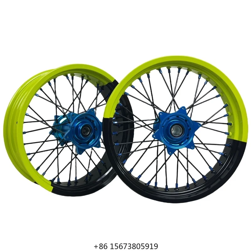 Fit KT M EXC SXF MC XE TE FE 16/17 Fluorescent Yellow Black Two-tone Rims Light Blue Hubs Dirt Bike Supermoto Wheels