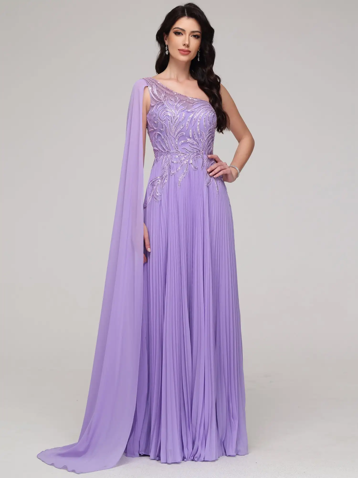 Een Schouder Chiffon Prom Dress Kanten Flowy Lovertjes Geappliqueerde Lange Avondjurk Kralen En Ruches Een Lijn Formele Jurken Voor Vrouwen