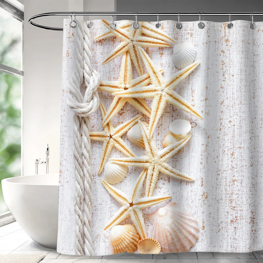 1pc Bath Curtain Sea Beach Shell Starfish Shower Curtains ， Waterproof Bathroom Home Washable Fabric Bath Screen 12 Hooks