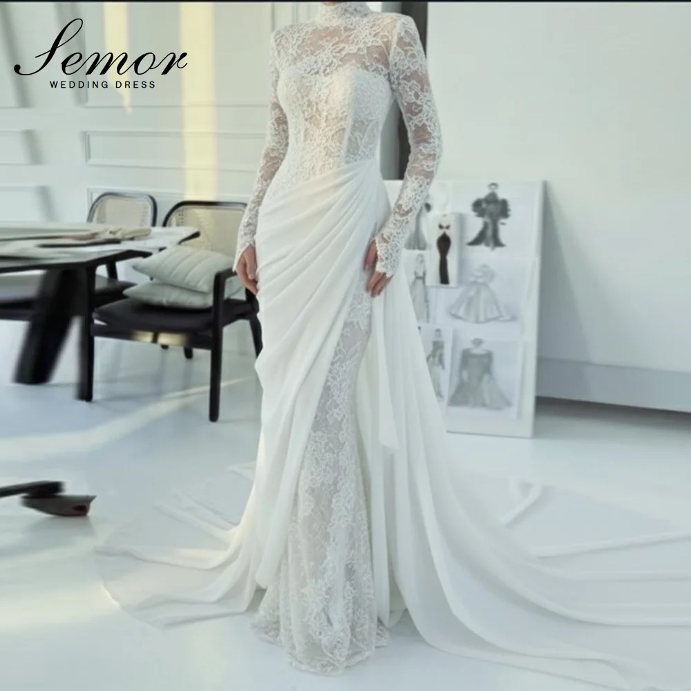 Semor Exquisites Spitzen-Meerjungfrauen-Brautkleid mit hohem Kragen und Schleppe 2026 Elegantes Brautkleid mit langen Ärmeln und Falten Neu Maßgeschneidert