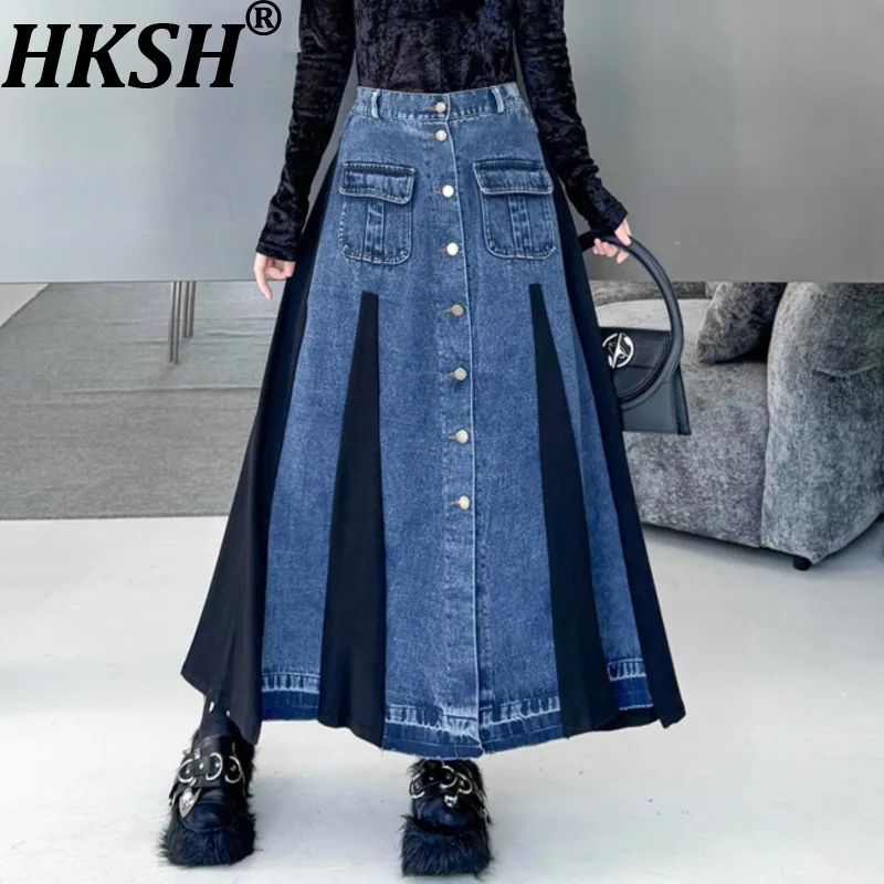HKSH Women Retro Skirt Denim Patchwork Color Block Pockets Pleated Versatile Elegant A-line Y2K Skirts New Spring Summer HK20263
