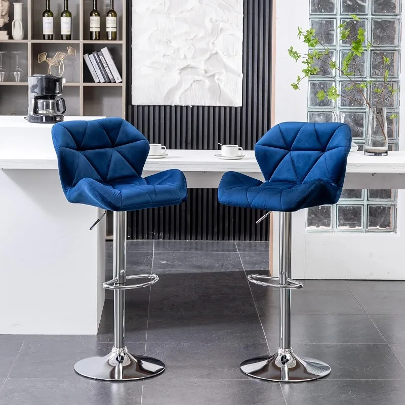 Velvet Diamond Tufted Swivel Adjustable Height Barstools, Set of 2, Blue