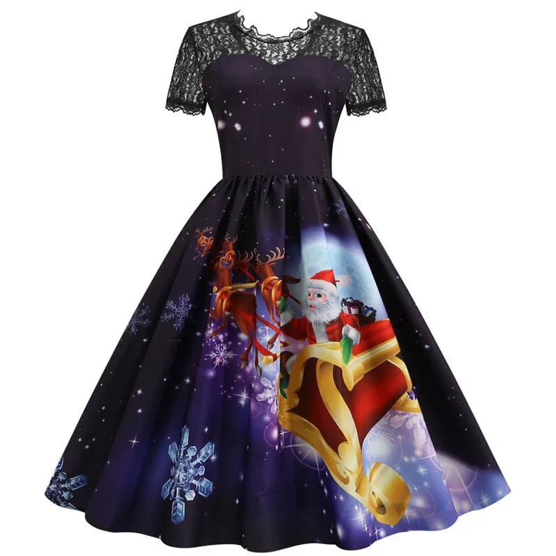 Frauen Weihnachts feier Kleid Kurzarm Winter Weihnachten Neujahr Vintage 50er Jahre Hepburn Sommerkleid Robe s ~ 3xl