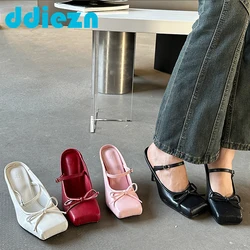 Slippers Shoes Fashion Mules Spring Female Slides Shallow Butterfly-knot High Heels Shoes For Women New Footwear Ladies Pumps