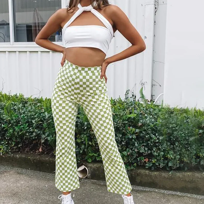 Checker Plaid Flare Pant Bootcut Bell Bottom Elastic Waist Skinny Elegant Summer Women y2k workout good stretch Cloth plus size