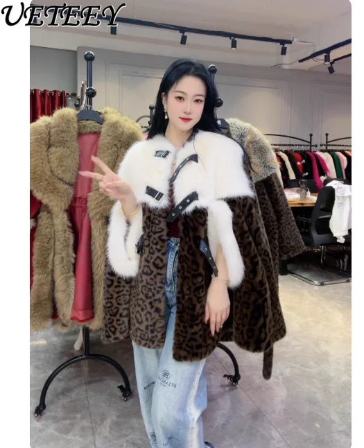 

Fashionable Winter New Color-Block Gentle Elegant Cape Coat for Women Loose Thickened Warm Versatile Faux Fur Shawl Coat