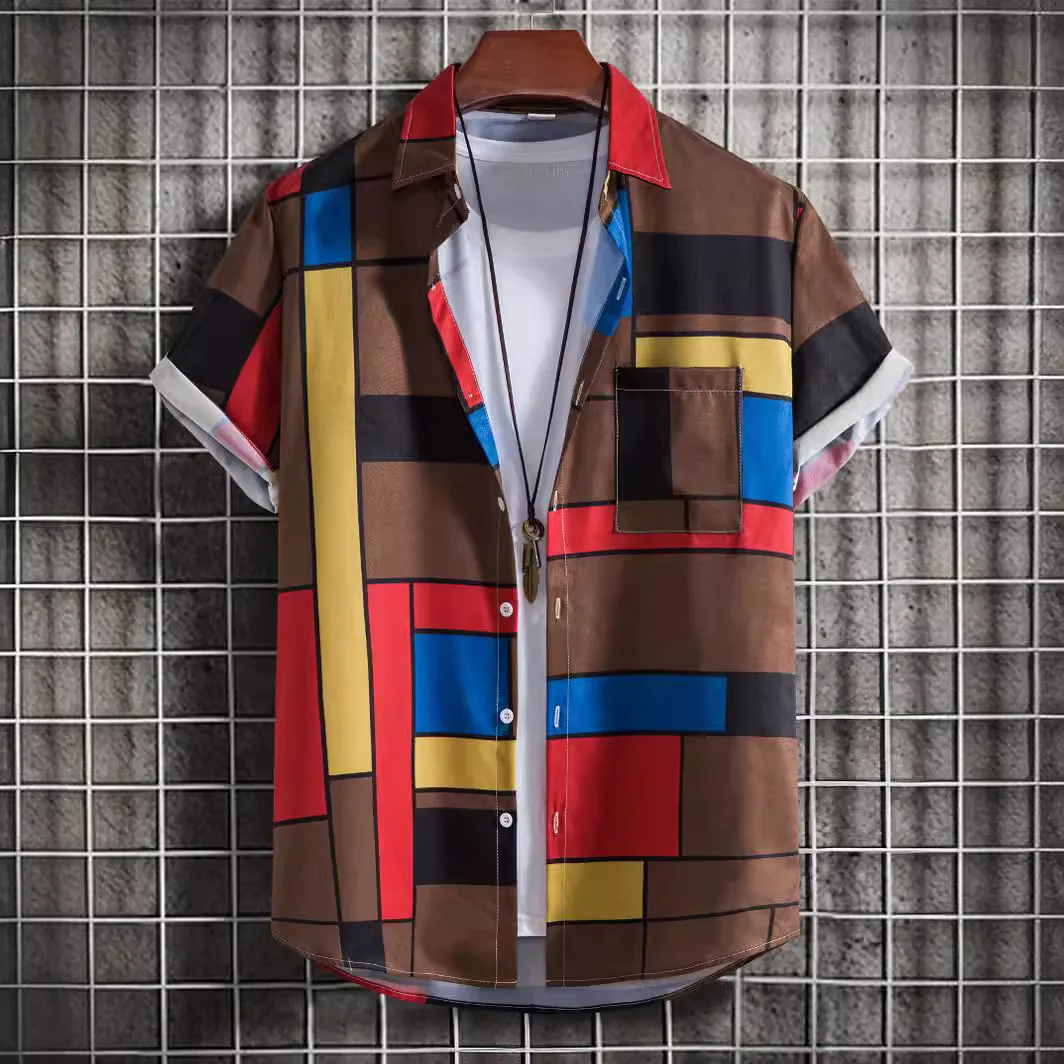 

Men's Short Sleeved Shirt with Digital Print Loose Top, Fashionable and Trendy Button Up Short Sleeved Collar Shirt 2025